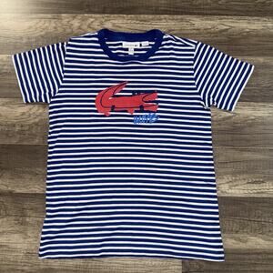Lacoste Boys Navy Crew T-Shirt Sz 8 Blue Stripes Logo